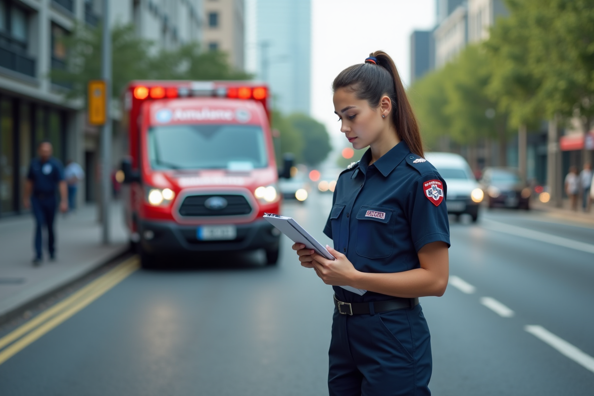 Jeune paramedic devant une ambulance en ville