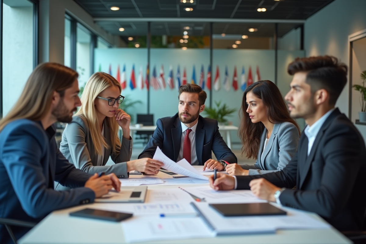 Groupe de jeunes professionnels en discussion dans une salle moderne