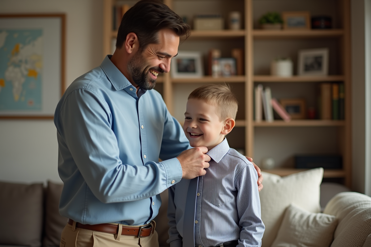 Homme aidant un garçon à faire sa cravate à la maison