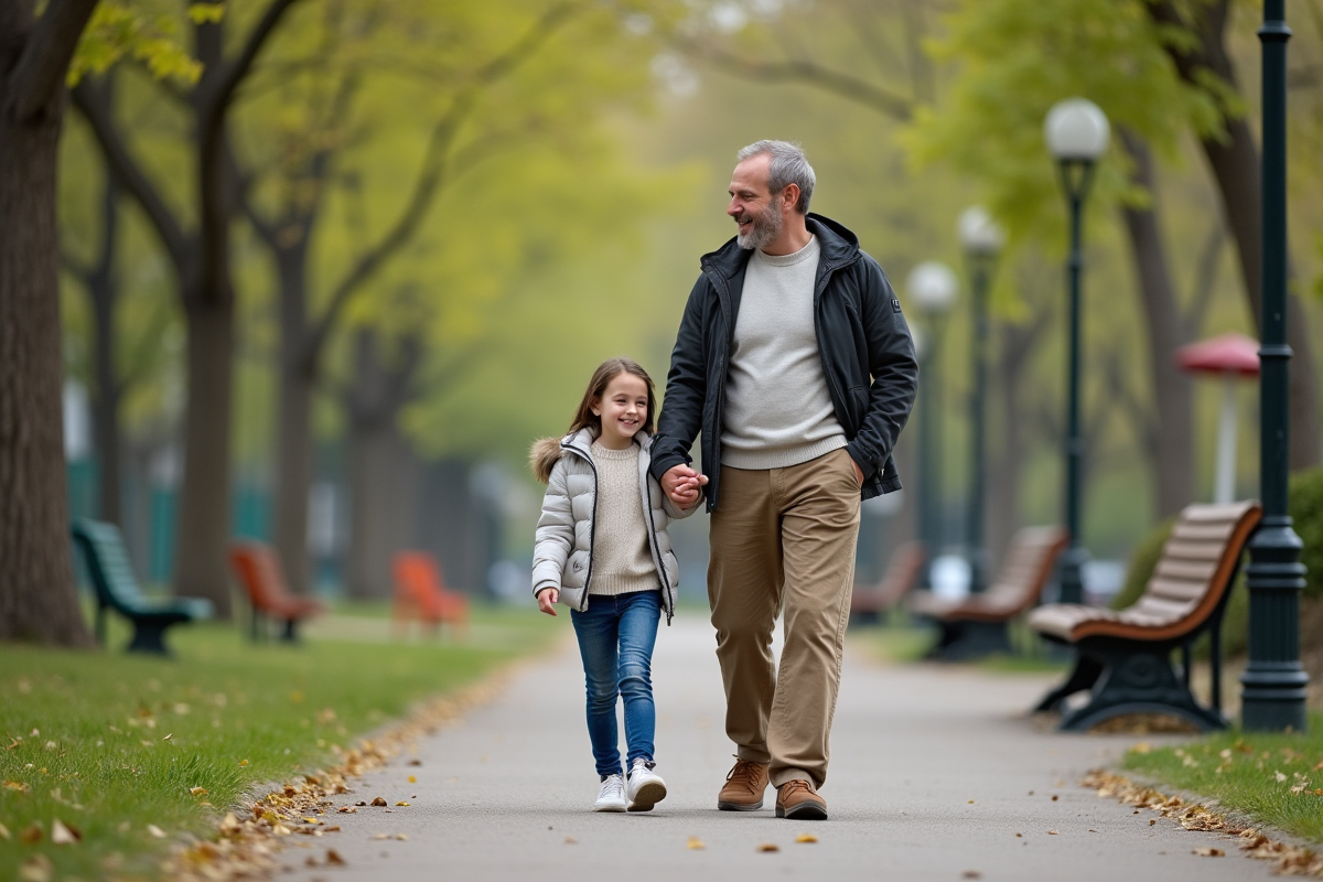 Pere et fille marche dans un parc en plein air