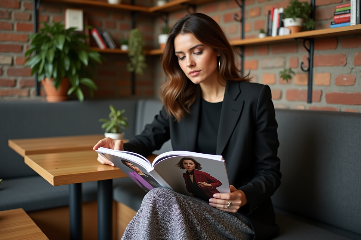 Personne nonbinaire lisant un magazine dans un café