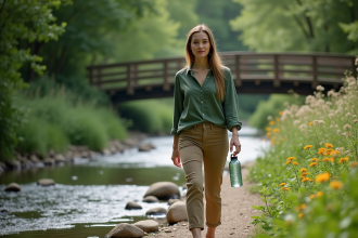 Jeune femme marche le long d'une rivière verdoyante