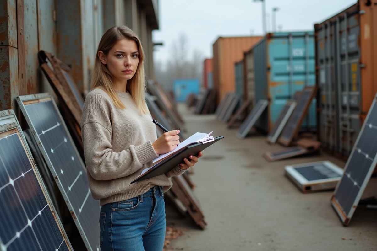Jeune femme notant près de panneaux solaires usés en recyclerie