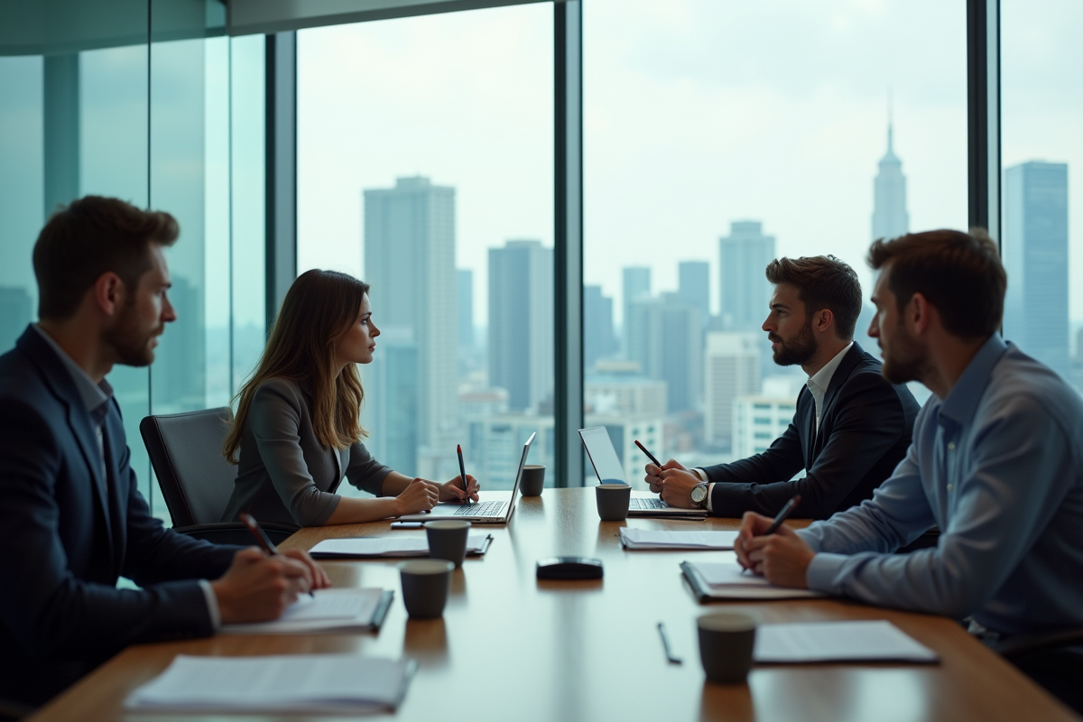 Groupe de collègues en réunion dans un bureau vitré