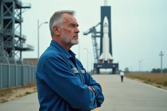 Scientifique homme regardant une fusée au centre spatial