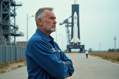 Scientifique homme regardant une fusée au centre spatial