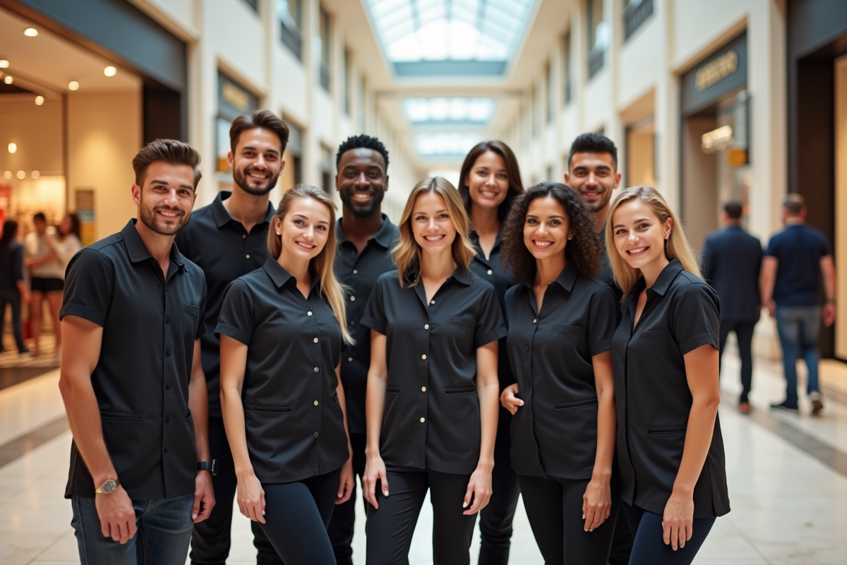 Groupe de vendeurs souriants devant un centre commercial animé